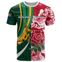 Custom South Africa and England Rugby T Shirt The Red Rose Protea Pattern - Wonder Print Shop