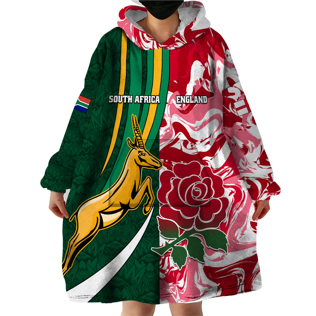 Custom South Africa and England Rugby Wearable Blanket Hoodie The Red Rose Protea Pattern - Wonder Print Shop