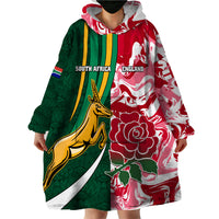 Custom South Africa and England Rugby Wearable Blanket Hoodie The Red Rose Protea Pattern - Wonder Print Shop