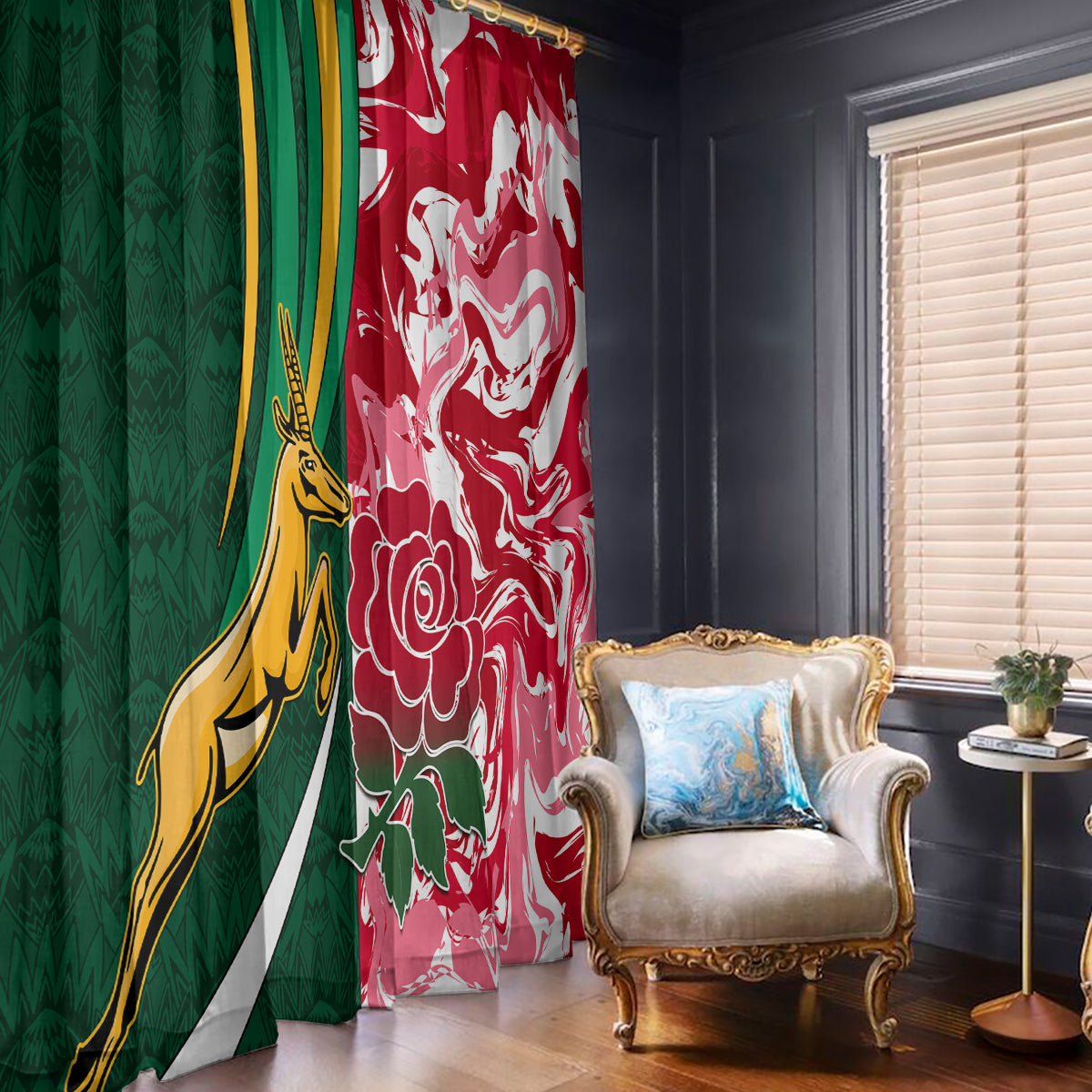 Custom South Africa and England Rugby Window Curtain The Red Rose Protea Pattern - Wonder Print Shop