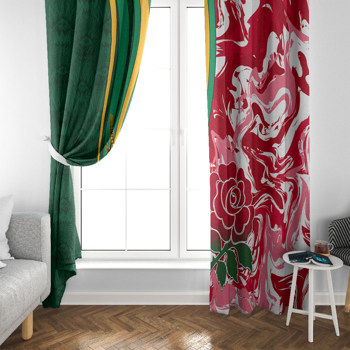 Custom South Africa and England Rugby Window Curtain The Red Rose Protea Pattern - Wonder Print Shop