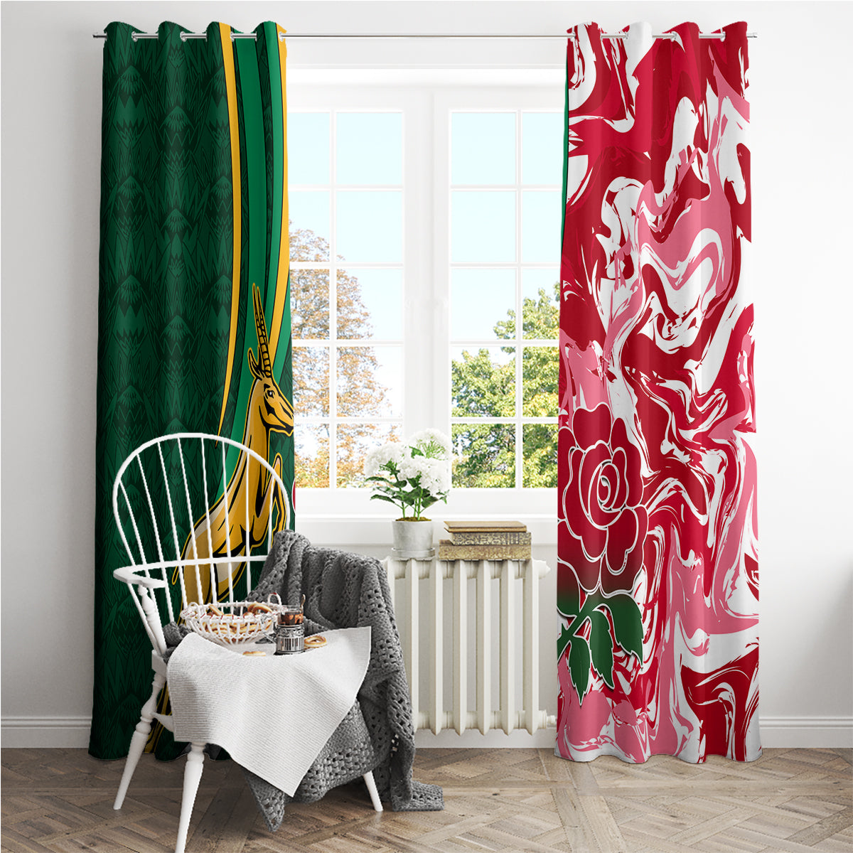 Custom South Africa and England Rugby Window Curtain The Red Rose Protea Pattern - Wonder Print Shop