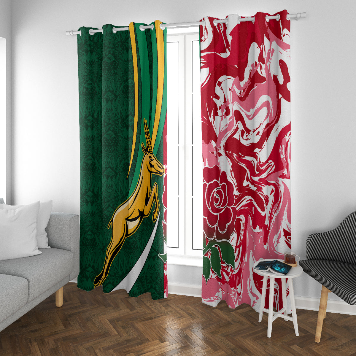 Custom South Africa and England Rugby Window Curtain The Red Rose Protea Pattern - Wonder Print Shop