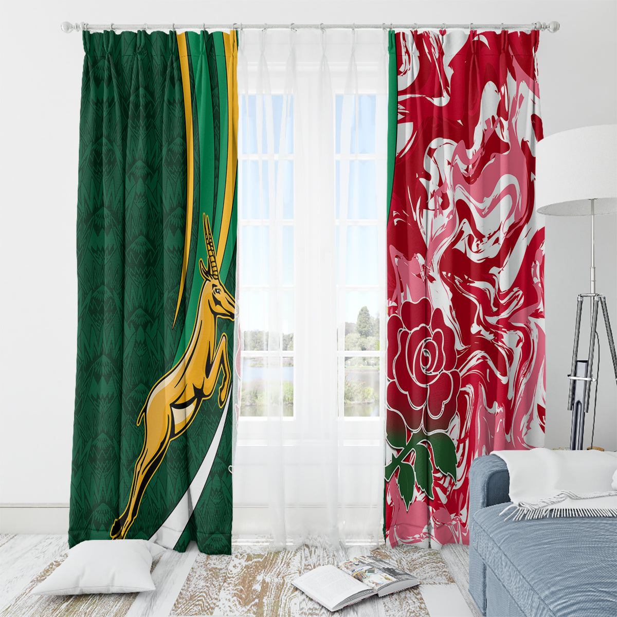 Custom South Africa and England Rugby Window Curtain The Red Rose Protea Pattern - Wonder Print Shop