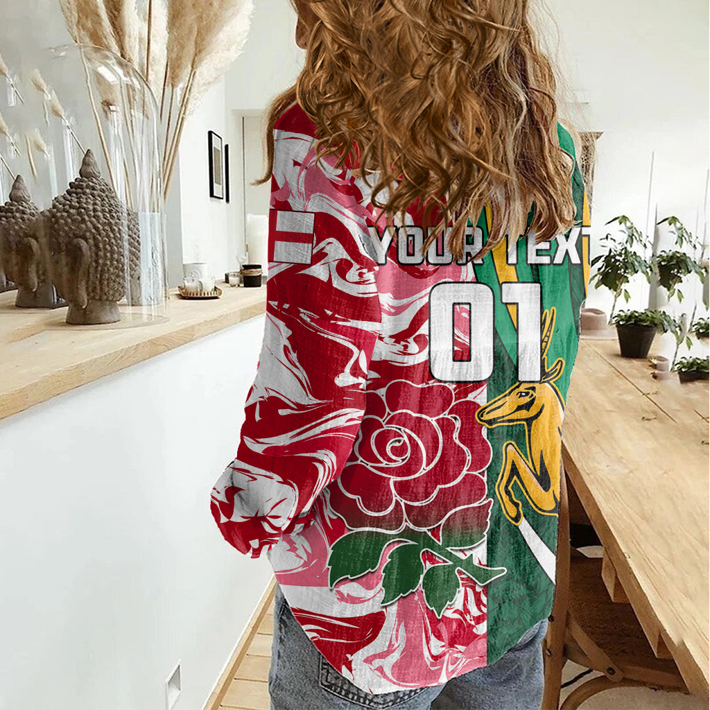 Custom South Africa and England Rugby Women Casual Shirt The Red Rose Protea Pattern - Wonder Print Shop