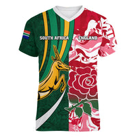 Custom South Africa and England Rugby Women V Neck T Shirt The Red Rose Protea Pattern - Wonder Print Shop
