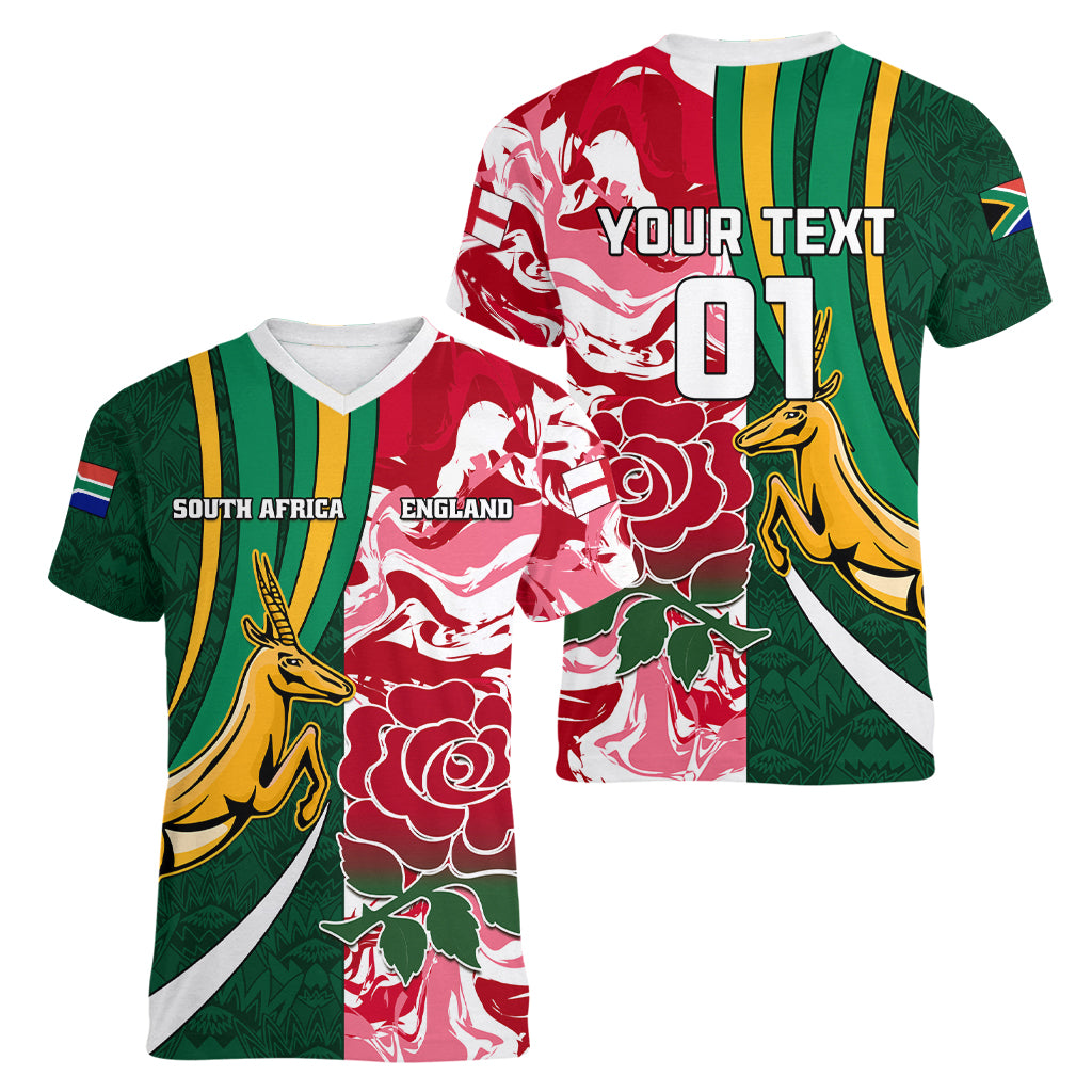 Custom South Africa and England Rugby Women V Neck T Shirt The Red Rose Protea Pattern - Wonder Print Shop