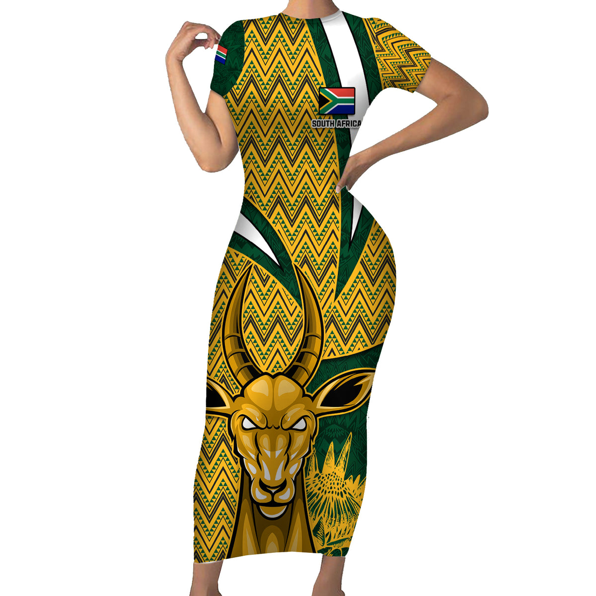 Custom South Africa Rugby Family Matching Short Sleeve Bodycon Dress and Hawaiian Shirt Come On Bokke Champion World Cup 2023 - Wonder Print Shop