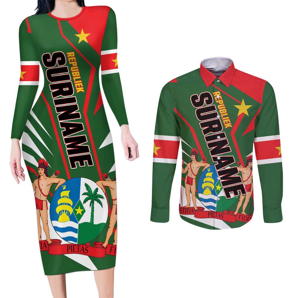 Republiek Suriname Couples Matching Long Sleeve Bodycon Dress and Long Sleeve Button Shirt Special Edition - Wonder Print Shop