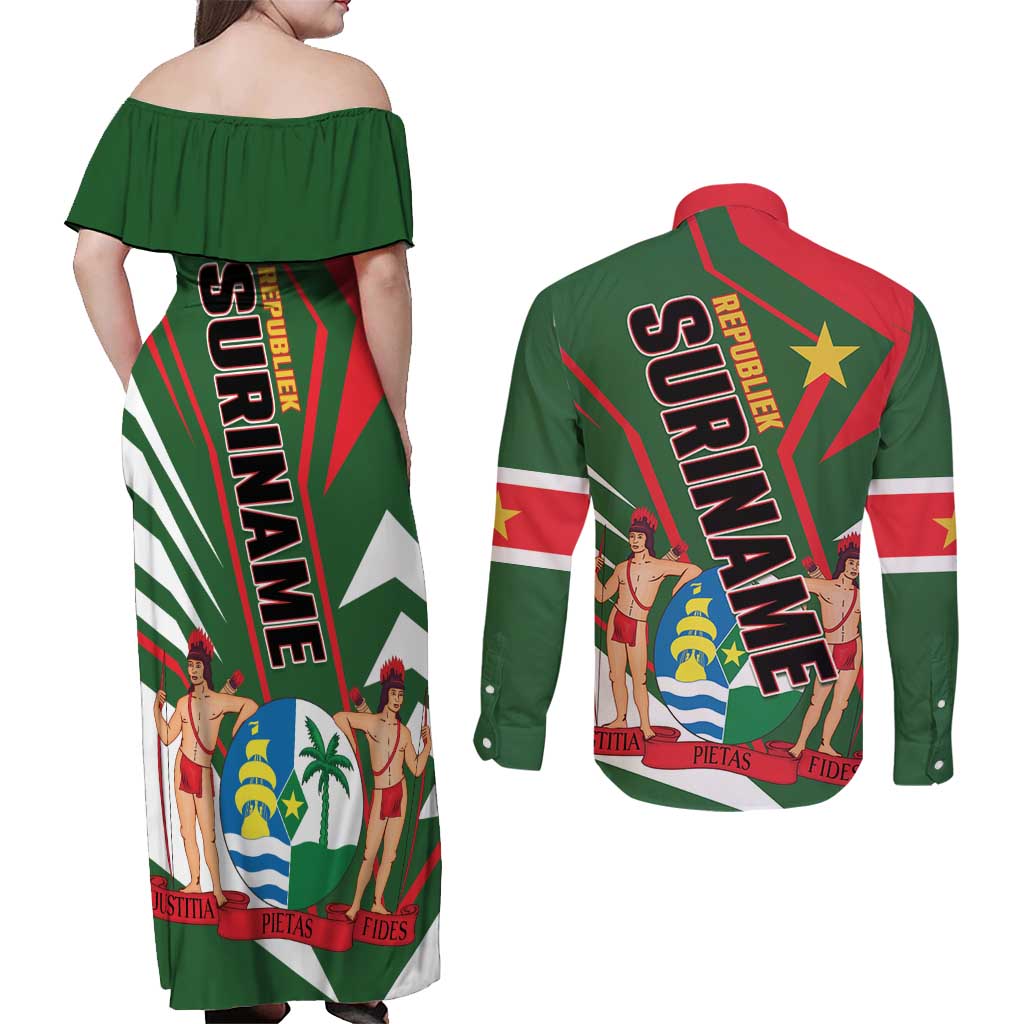 Republiek Suriname Couples Matching Off Shoulder Maxi Dress and Long Sleeve Button Shirt Special Edition - Wonder Print Shop
