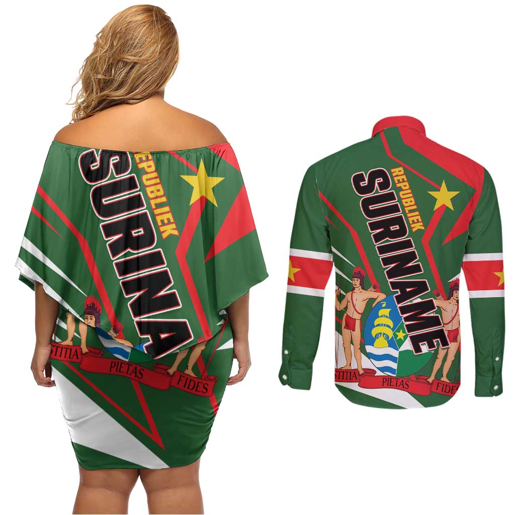 Republiek Suriname Couples Matching Off Shoulder Short Dress and Long Sleeve Button Shirt Special Edition - Wonder Print Shop