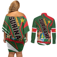 Republiek Suriname Couples Matching Off Shoulder Short Dress and Long Sleeve Button Shirt Special Edition - Wonder Print Shop