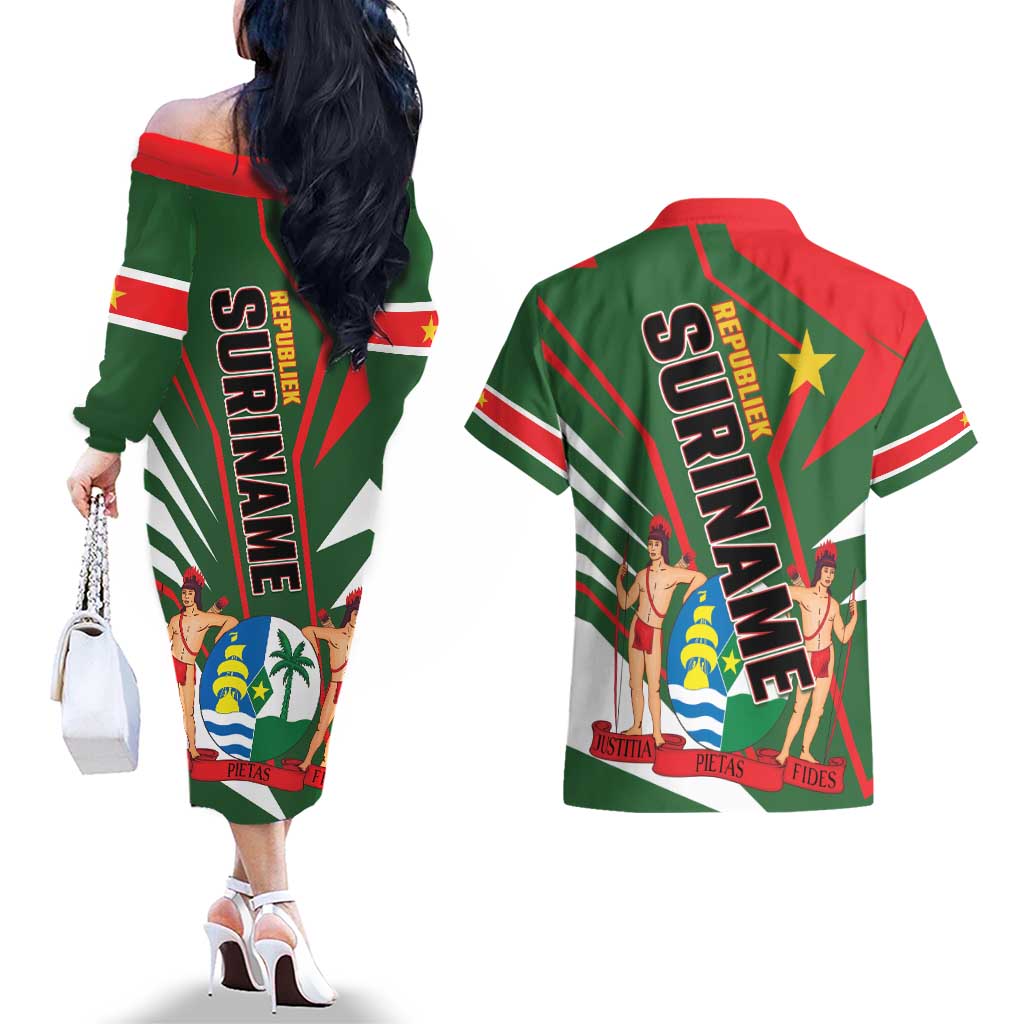 Republiek Suriname Couples Matching Off The Shoulder Long Sleeve Dress and Hawaiian Shirt Special Edition - Wonder Print Shop