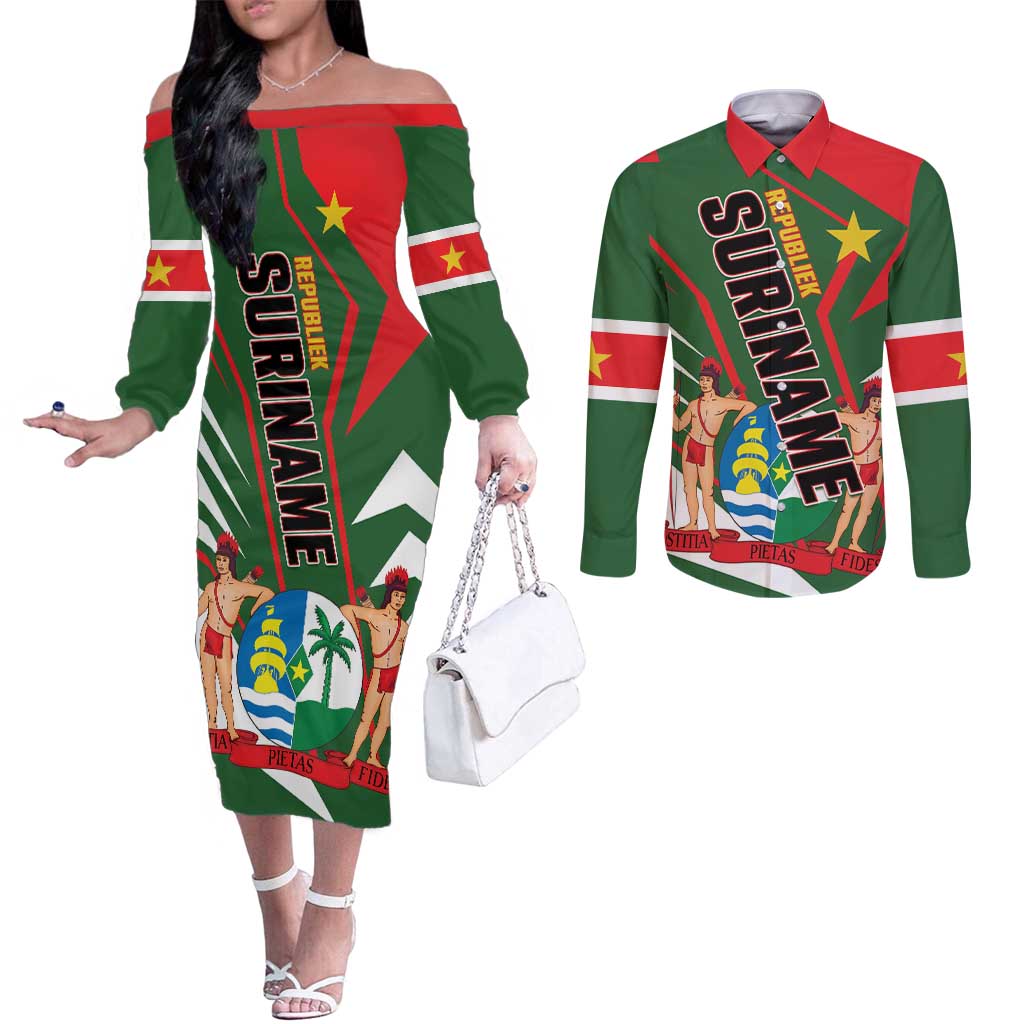 Republiek Suriname Couples Matching Off The Shoulder Long Sleeve Dress and Long Sleeve Button Shirt Special Edition - Wonder Print Shop
