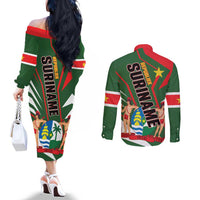 Republiek Suriname Couples Matching Off The Shoulder Long Sleeve Dress and Long Sleeve Button Shirt Special Edition - Wonder Print Shop