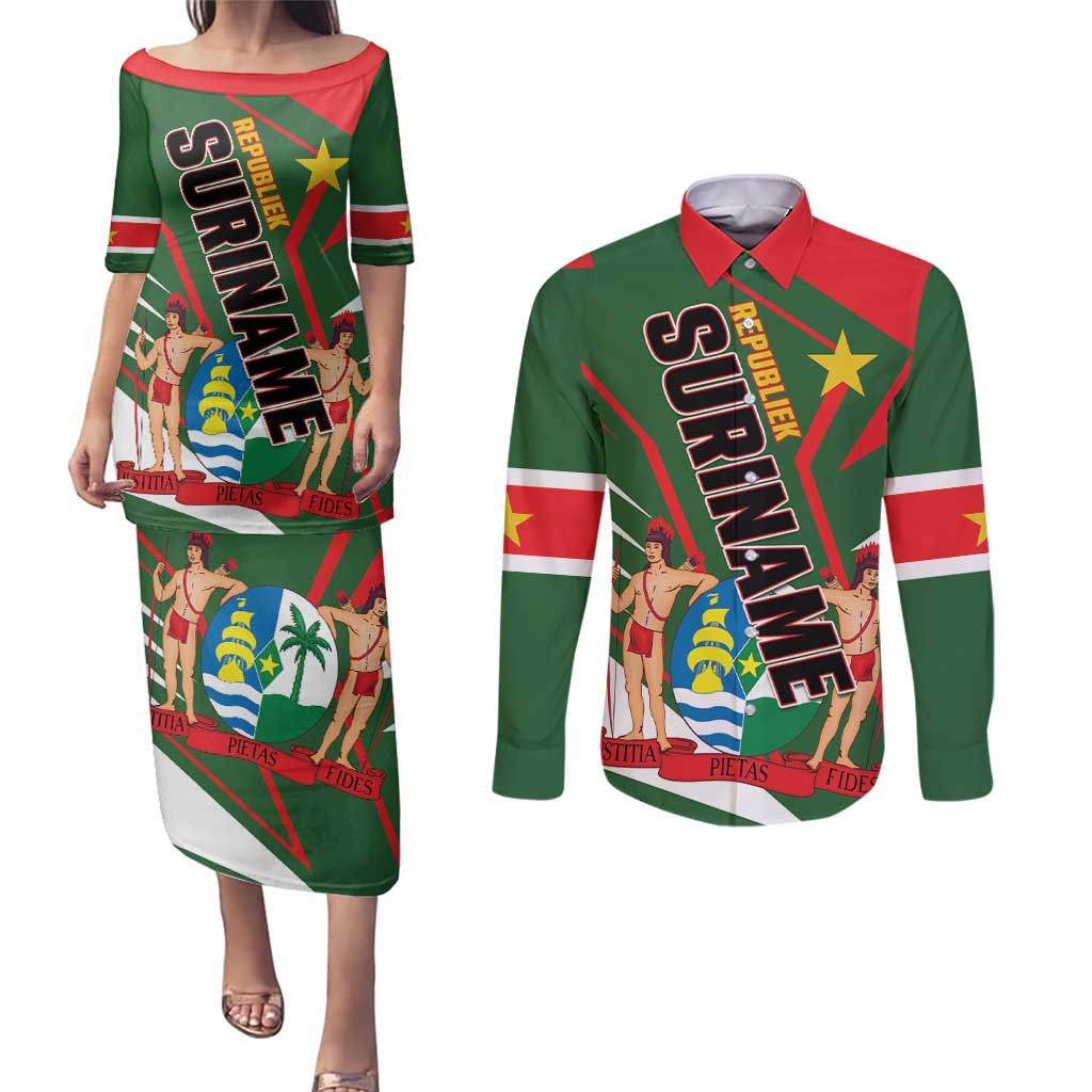 Republiek Suriname Couples Matching Puletasi and Long Sleeve Button Shirt Special Edition - Wonder Print Shop