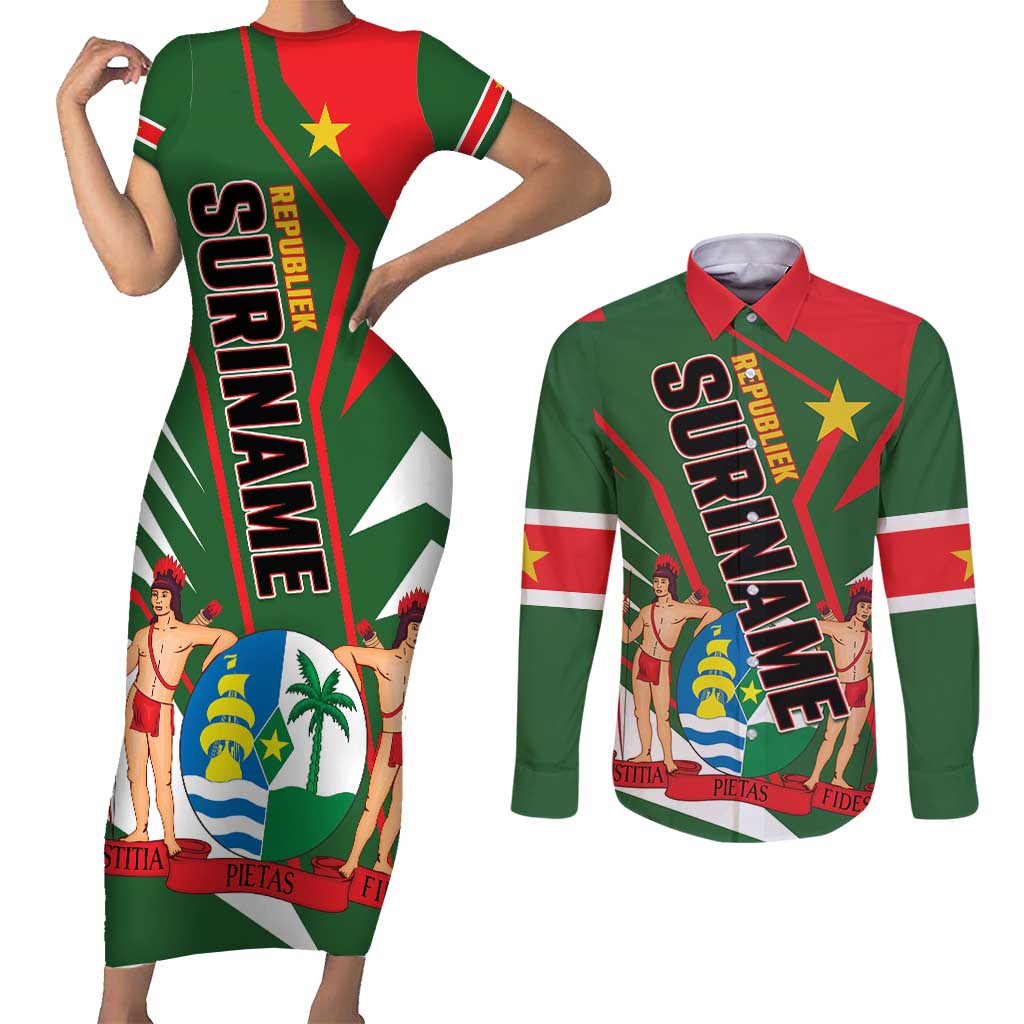 Republiek Suriname Couples Matching Short Sleeve Bodycon Dress and Long Sleeve Button Shirt Special Edition - Wonder Print Shop