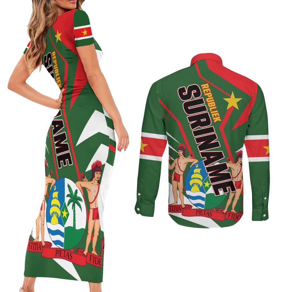 Republiek Suriname Couples Matching Short Sleeve Bodycon Dress and Long Sleeve Button Shirt Special Edition - Wonder Print Shop