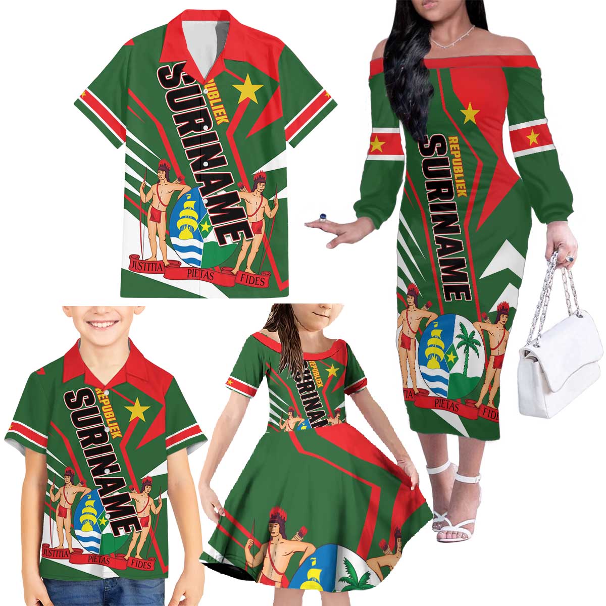 Republiek Suriname Family Matching Off The Shoulder Long Sleeve Dress and Hawaiian Shirt Special Edition - Wonder Print Shop