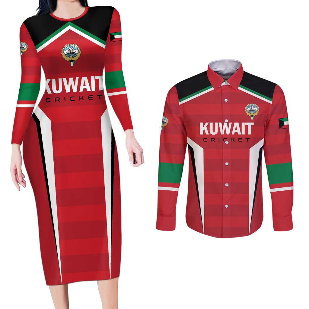 Custom Kuwait Cricket Couples Matching Long Sleeve Bodycon Dress and Long Sleeve Button Shirt Go Champions - Wonder Print Shop