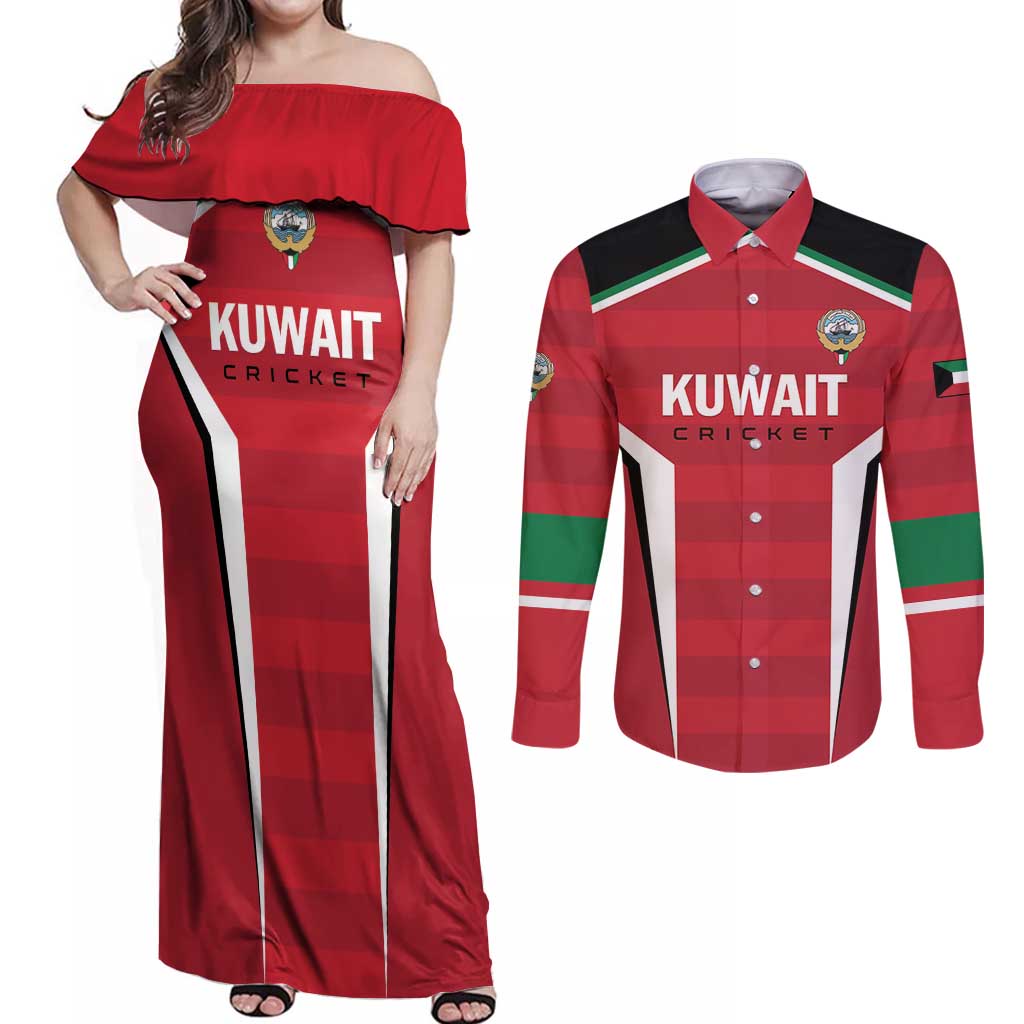 Custom Kuwait Cricket Couples Matching Off Shoulder Maxi Dress and Long Sleeve Button Shirt Go Champions - Wonder Print Shop
