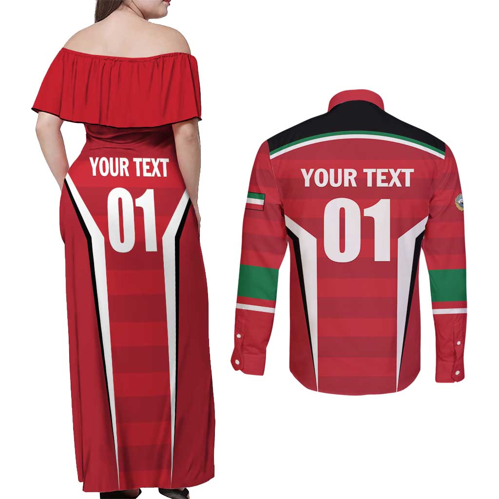 Custom Kuwait Cricket Couples Matching Off Shoulder Maxi Dress and Long Sleeve Button Shirt Go Champions - Wonder Print Shop