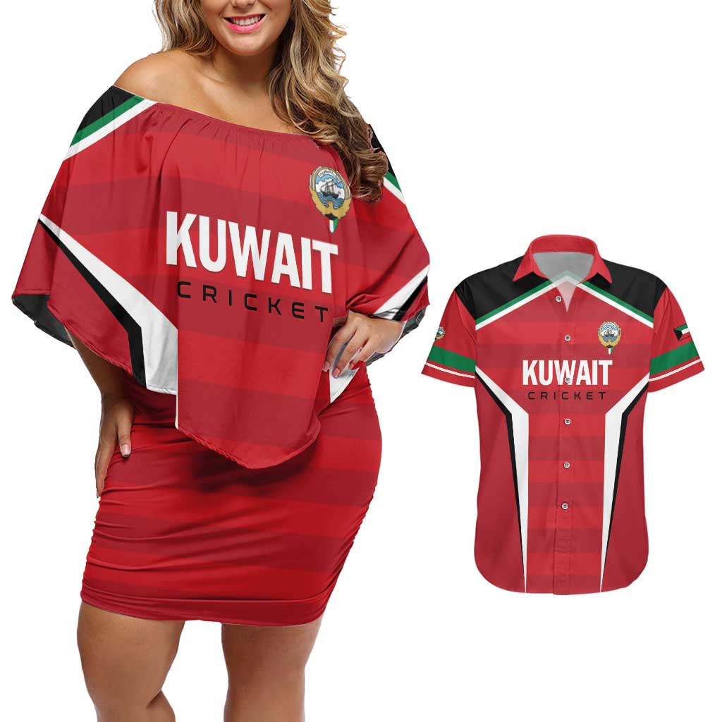 Custom Kuwait Cricket Couples Matching Off Shoulder Short Dress and Hawaiian Shirt Go Champions - Wonder Print Shop