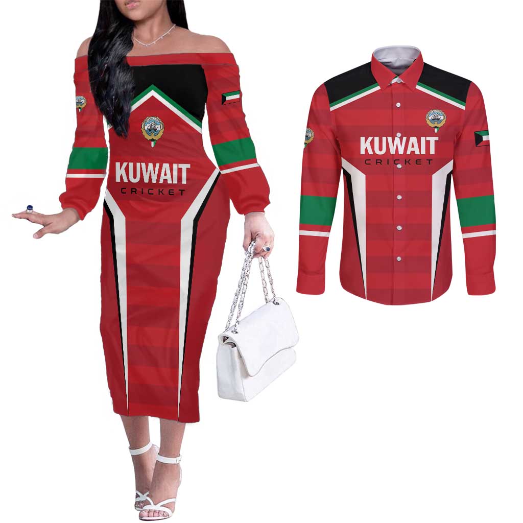 Custom Kuwait Cricket Couples Matching Off The Shoulder Long Sleeve Dress and Long Sleeve Button Shirt Go Champions