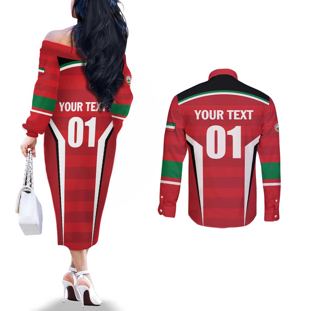 Custom Kuwait Cricket Couples Matching Off The Shoulder Long Sleeve Dress and Long Sleeve Button Shirt Go Champions