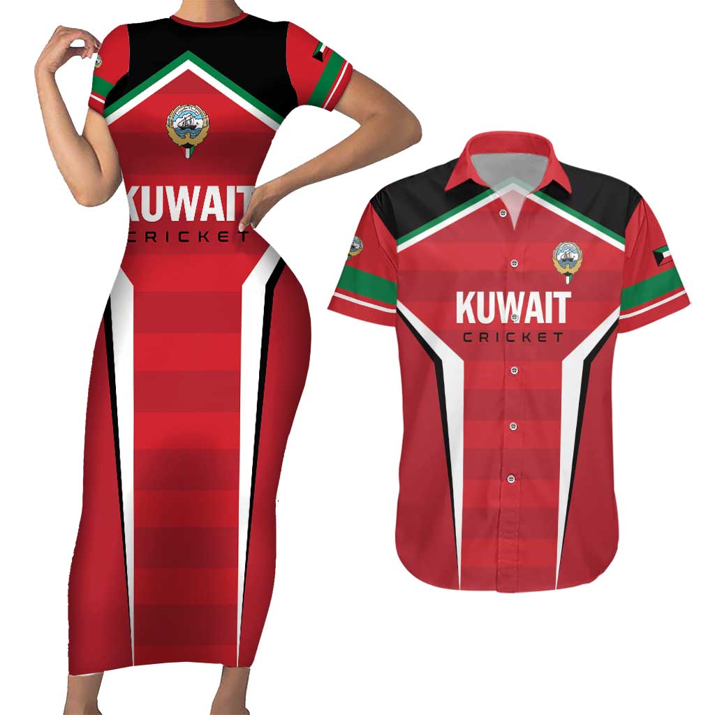 Custom Kuwait Cricket Couples Matching Short Sleeve Bodycon Dress and Hawaiian Shirt Go Champions - Wonder Print Shop