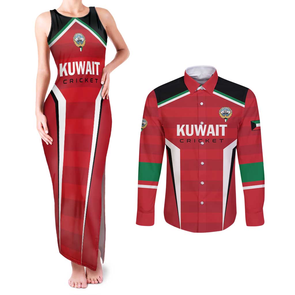 Custom Kuwait Cricket Couples Matching Tank Maxi Dress and Long Sleeve Button Shirt Go Champions - Wonder Print Shop
