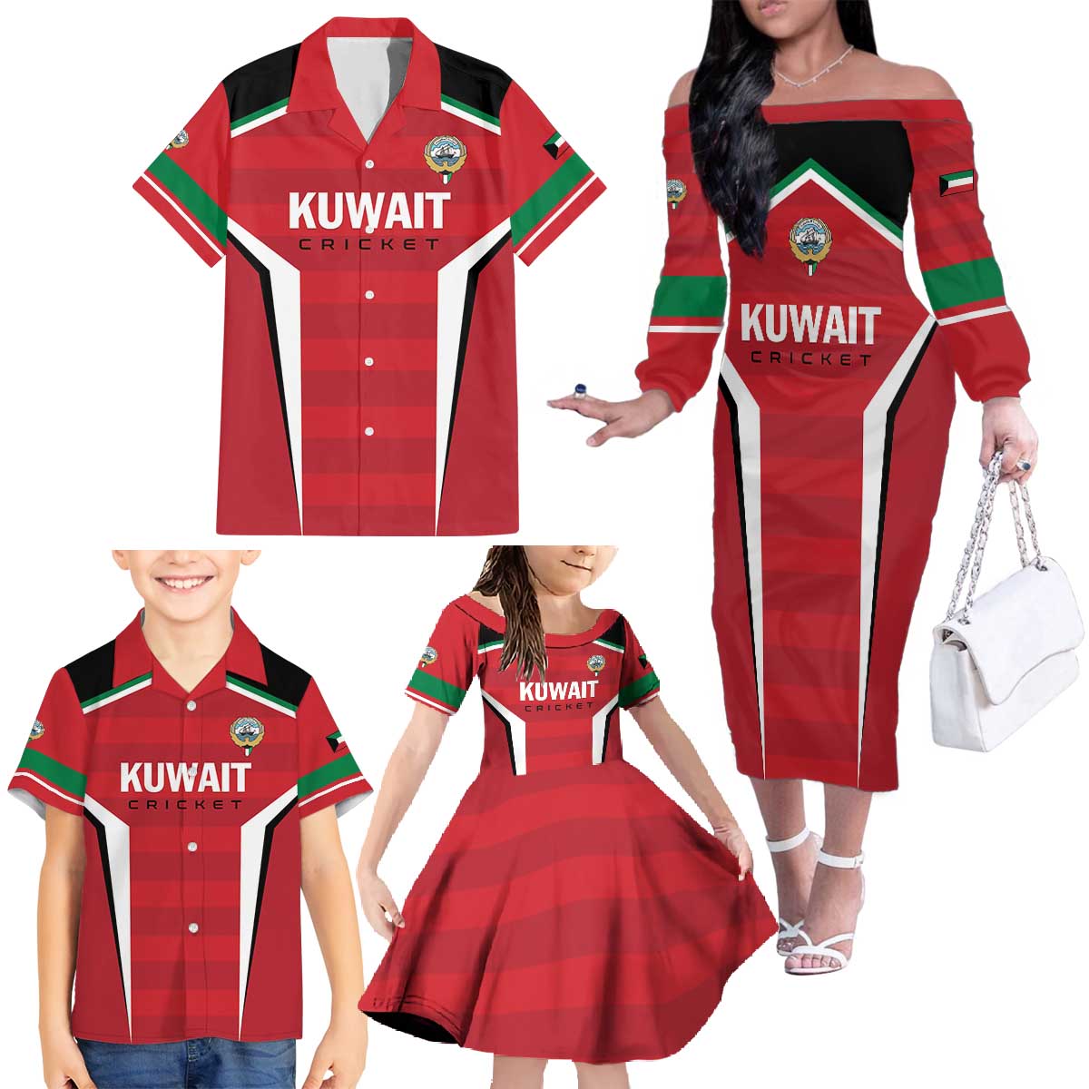 Custom Kuwait Cricket Family Matching Off The Shoulder Long Sleeve Dress and Hawaiian Shirt Go Champions - Wonder Print Shop