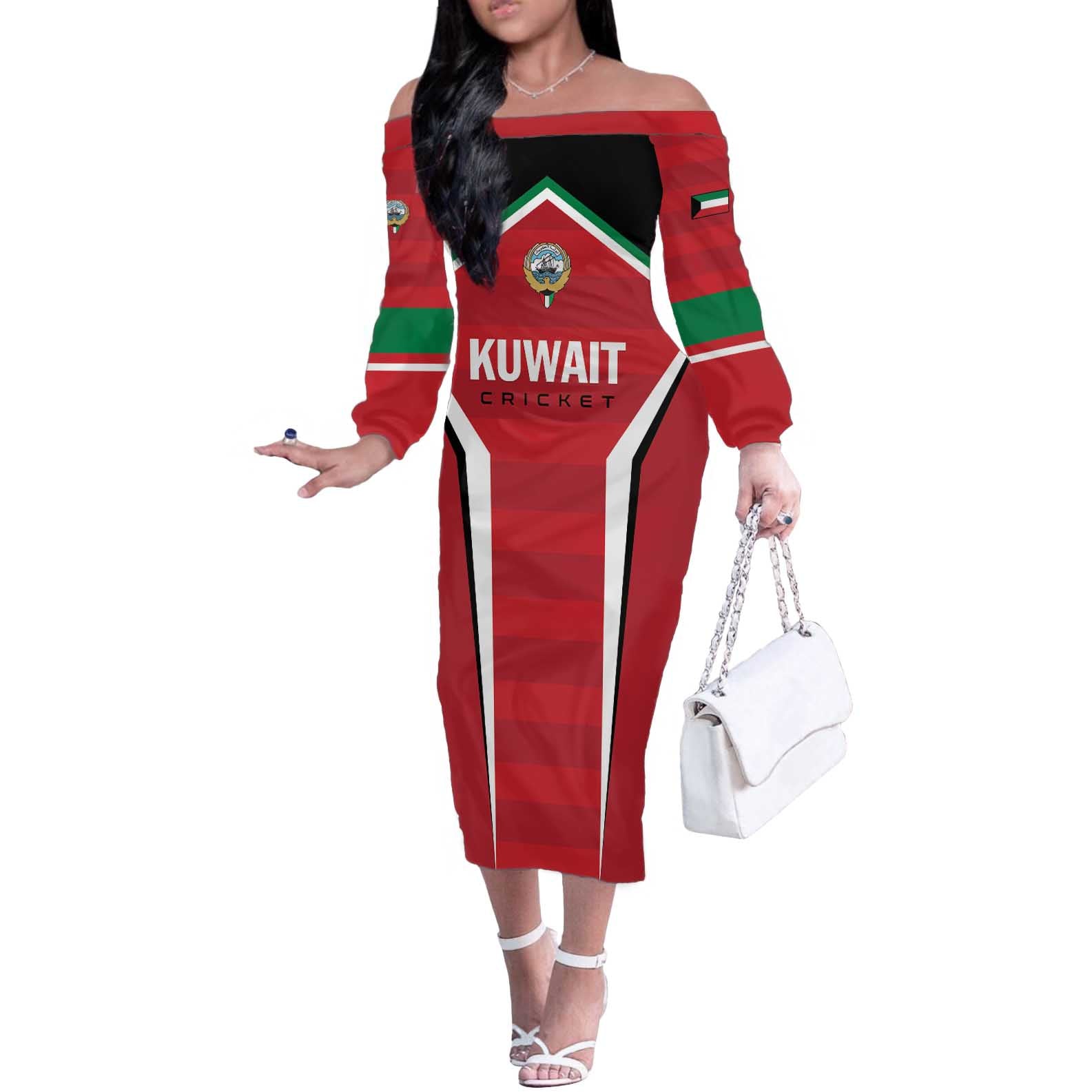 Custom Kuwait Cricket Off The Shoulder Long Sleeve Dress Go Champions - Wonder Print Shop