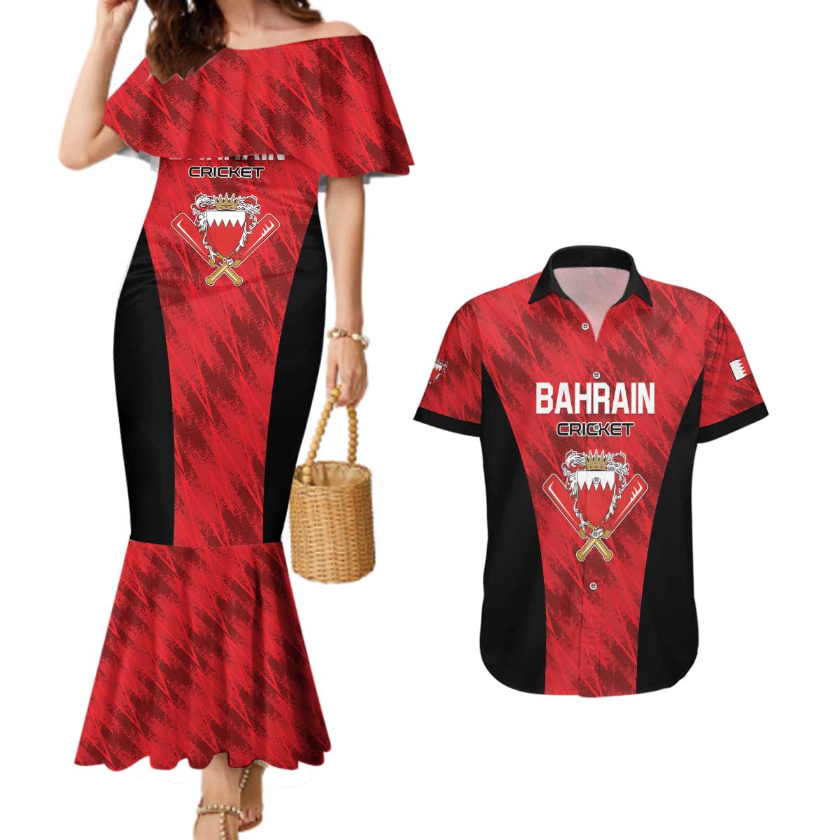 Custom Bahrain Cricket Couples Matching Mermaid Dress and Hawaiian Shirt Come On Team Bahrain - Wonder Print Shop