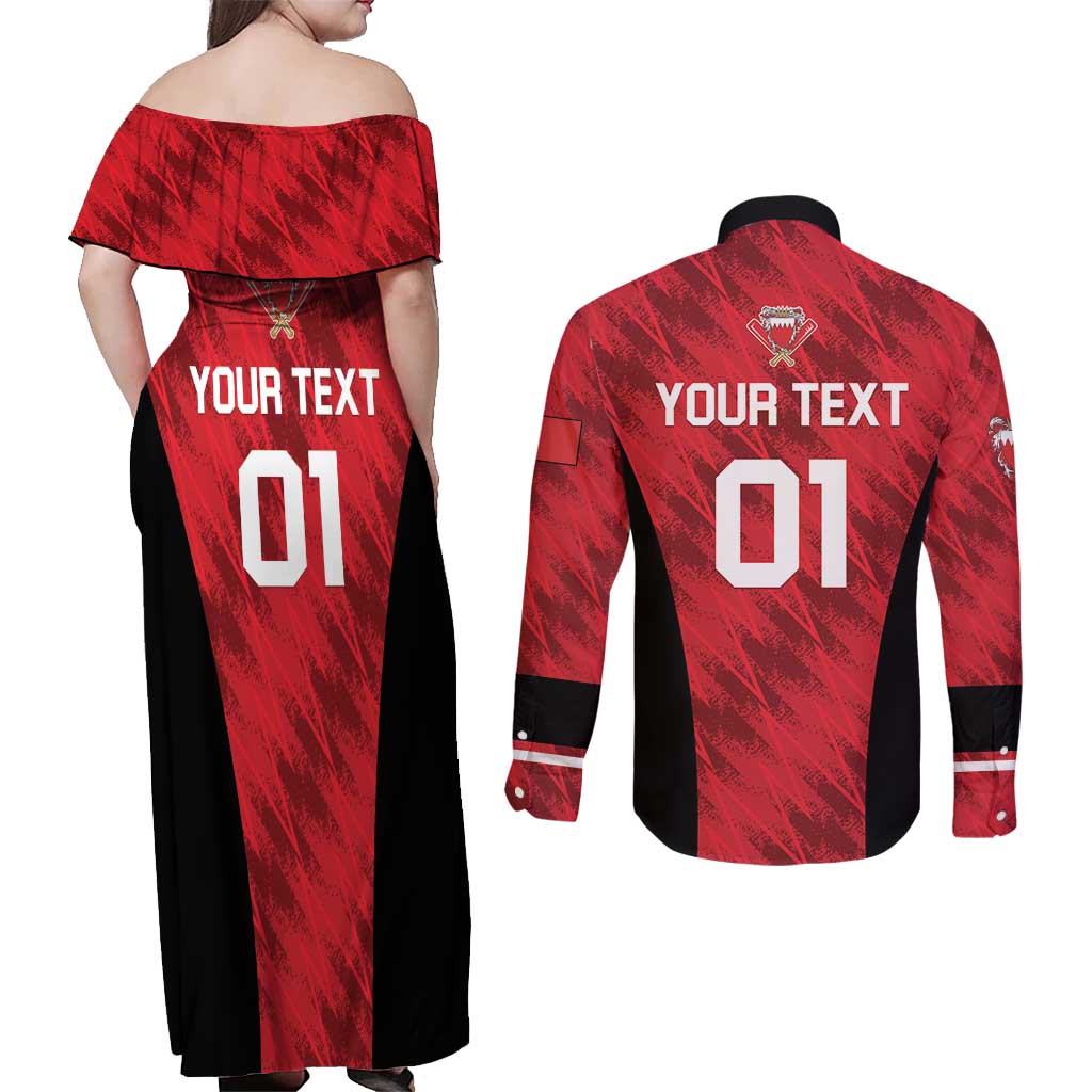 Custom Bahrain Cricket Couples Matching Off Shoulder Maxi Dress and Long Sleeve Button Shirt Come On Team Bahrain - Wonder Print Shop
