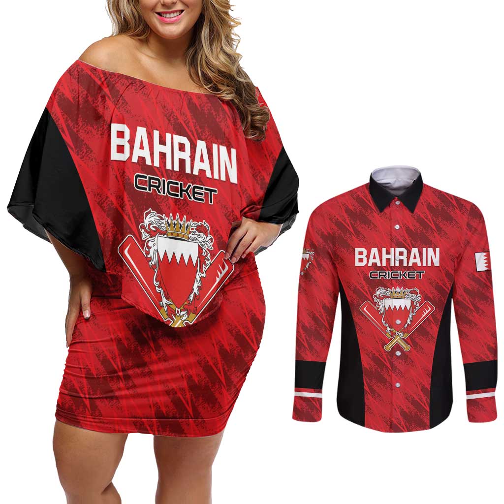 Custom Bahrain Cricket Couples Matching Off Shoulder Short Dress and Long Sleeve Button Shirt Come On Team Bahrain - Wonder Print Shop