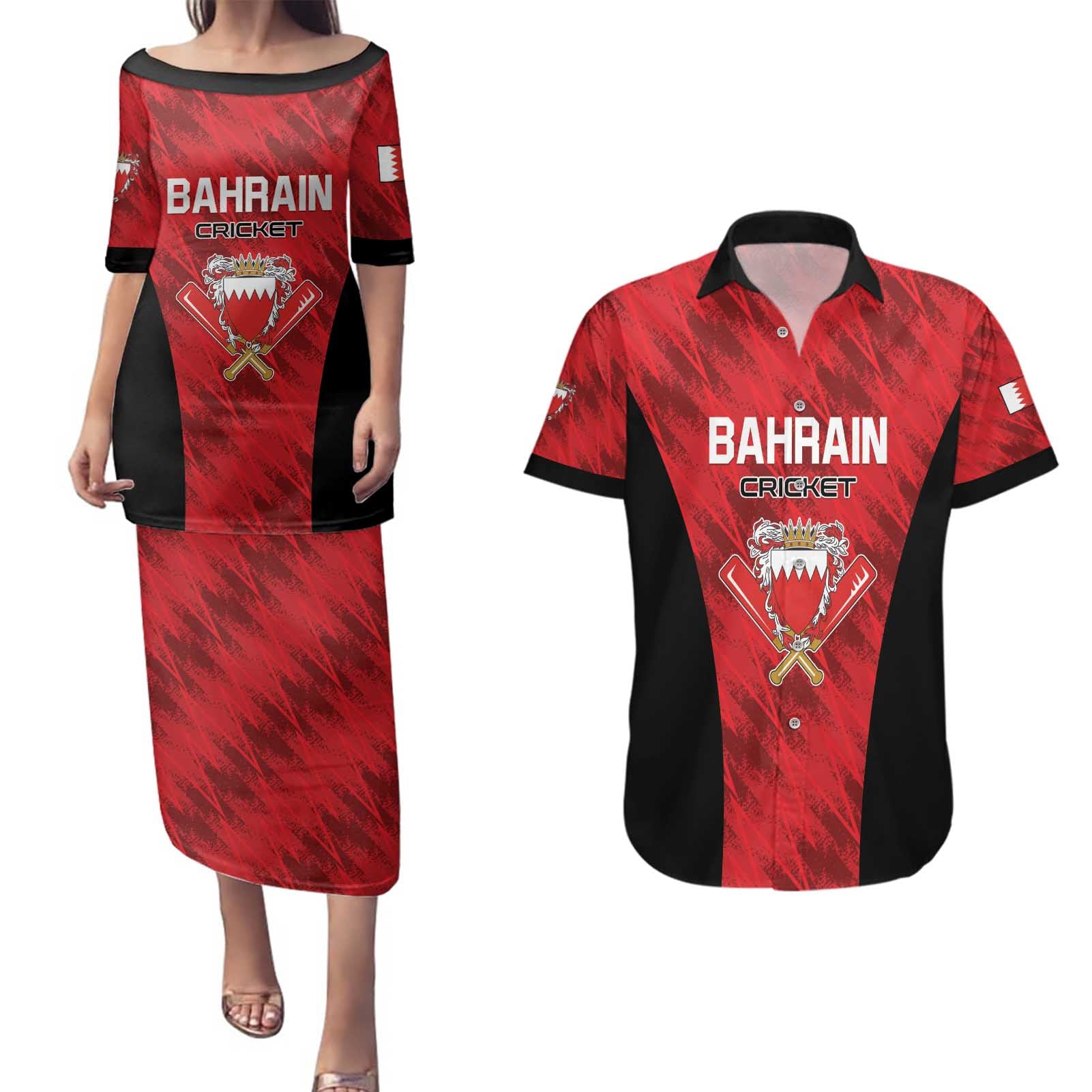 Custom Bahrain Cricket Couples Matching Puletasi and Hawaiian Shirt Come On Team Bahrain - Wonder Print Shop