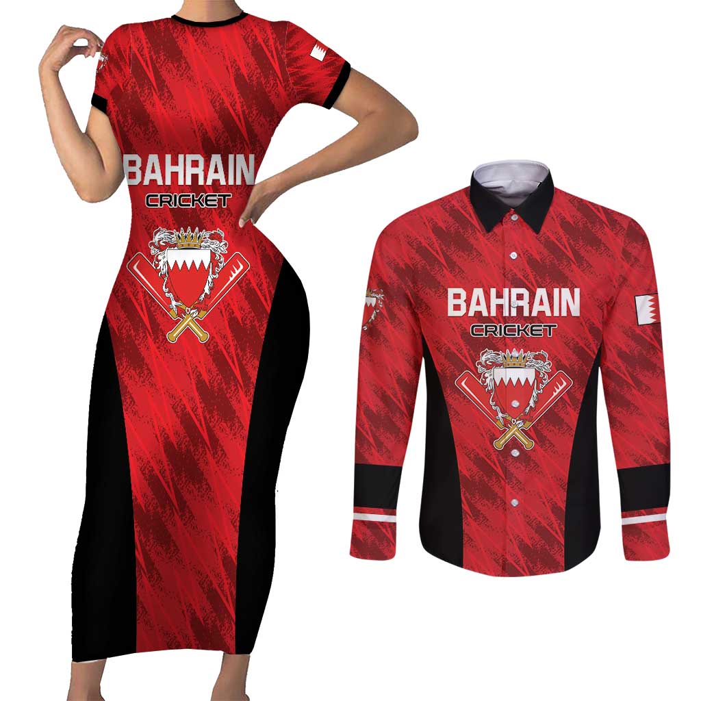 Custom Bahrain Cricket Couples Matching Short Sleeve Bodycon Dress and Long Sleeve Button Shirt Come On Team Bahrain - Wonder Print Shop
