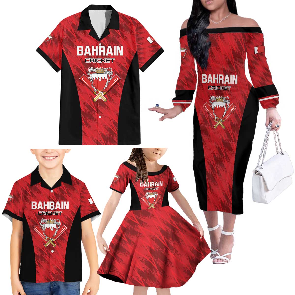 Custom Bahrain Cricket Family Matching Off The Shoulder Long Sleeve Dress and Hawaiian Shirt Come On Team Bahrain - Wonder Print Shop