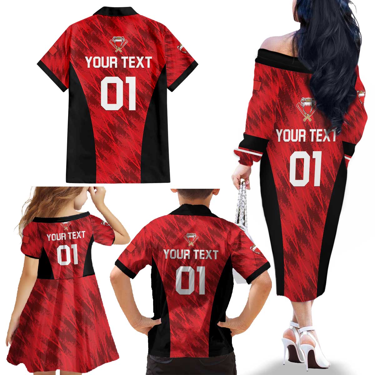 Custom Bahrain Cricket Family Matching Off The Shoulder Long Sleeve Dress and Hawaiian Shirt Come On Team Bahrain - Wonder Print Shop