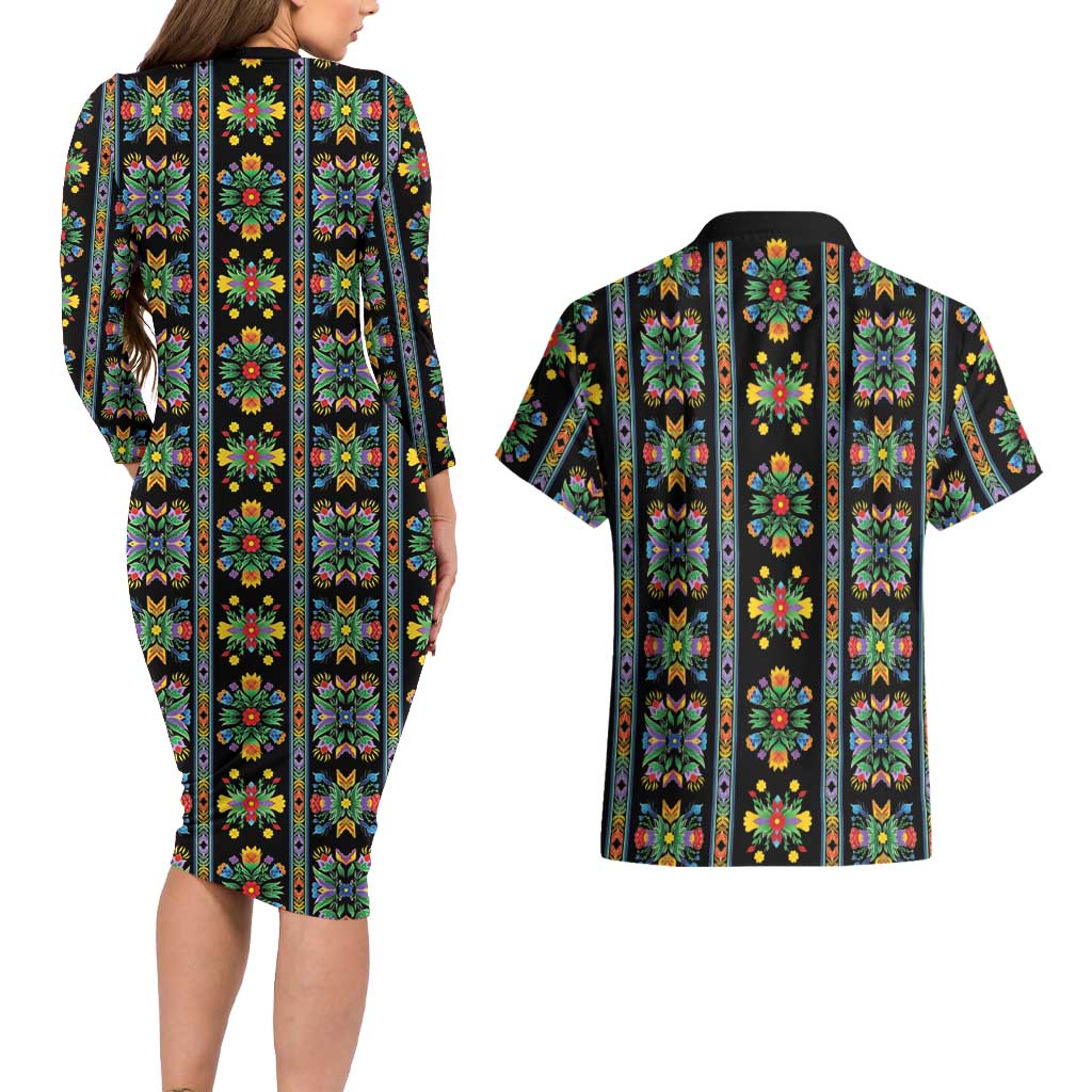 Regalia Stripe Floral Pattern Couples Matching Long Sleeve Bodycon Dress and Hawaiian Shirt Colorful Attractive - Wonder Print Shop