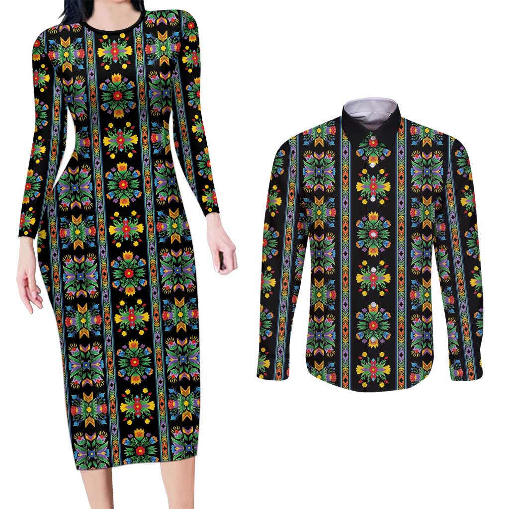 Regalia Stripe Floral Pattern Couples Matching Long Sleeve Bodycon Dress and Long Sleeve Button Shirt Colorful Attractive - Wonder Print Shop