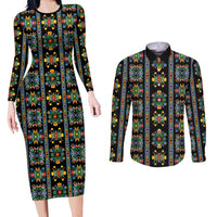 Regalia Stripe Floral Pattern Couples Matching Long Sleeve Bodycon Dress and Long Sleeve Button Shirt Colorful Attractive - Wonder Print Shop