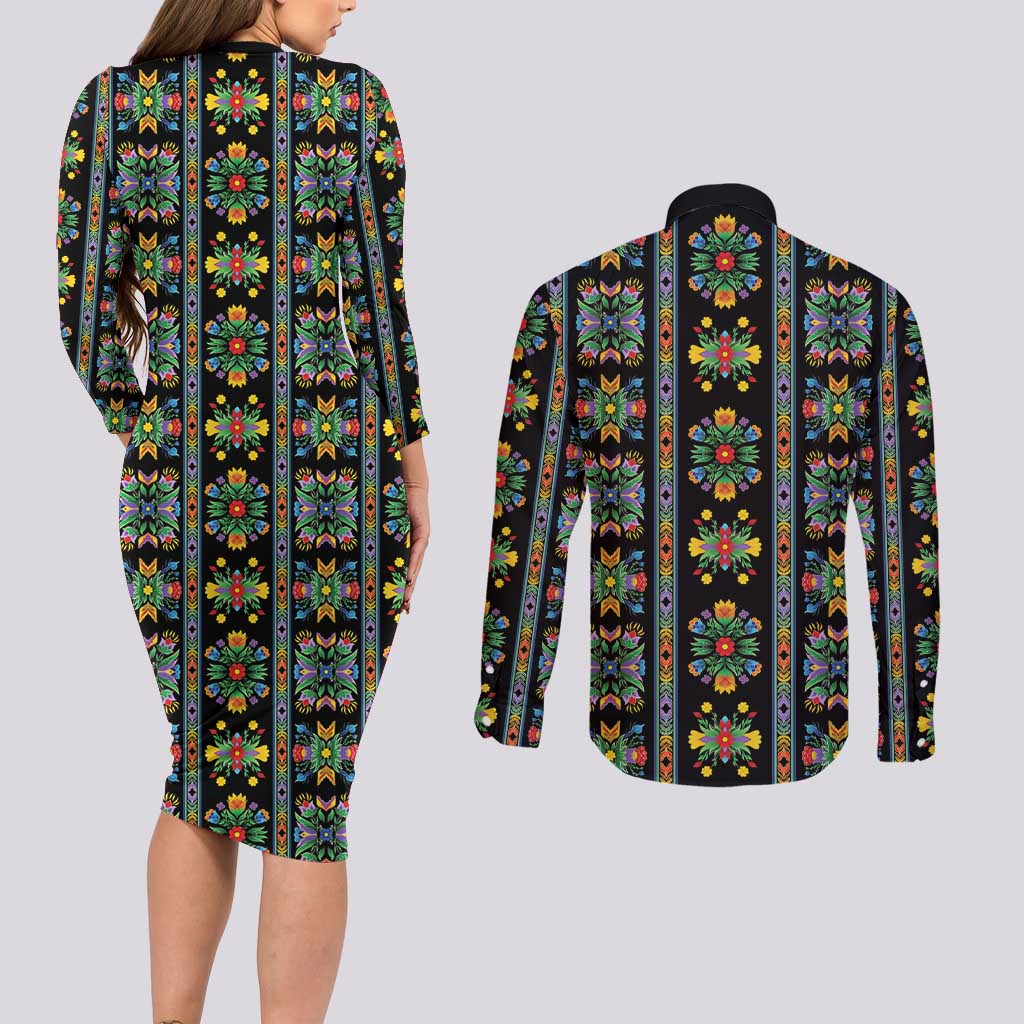 Regalia Stripe Floral Pattern Couples Matching Long Sleeve Bodycon Dress and Long Sleeve Button Shirt Colorful Attractive - Wonder Print Shop