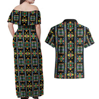 Regalia Stripe Floral Pattern Couples Matching Off Shoulder Maxi Dress and Hawaiian Shirt Colorful Attractive - Wonder Print Shop