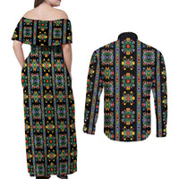 Regalia Stripe Floral Pattern Couples Matching Off Shoulder Maxi Dress and Long Sleeve Button Shirt Colorful Attractive - Wonder Print Shop