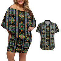 Regalia Stripe Floral Pattern Couples Matching Off Shoulder Short Dress and Hawaiian Shirt Colorful Attractive - Wonder Print Shop