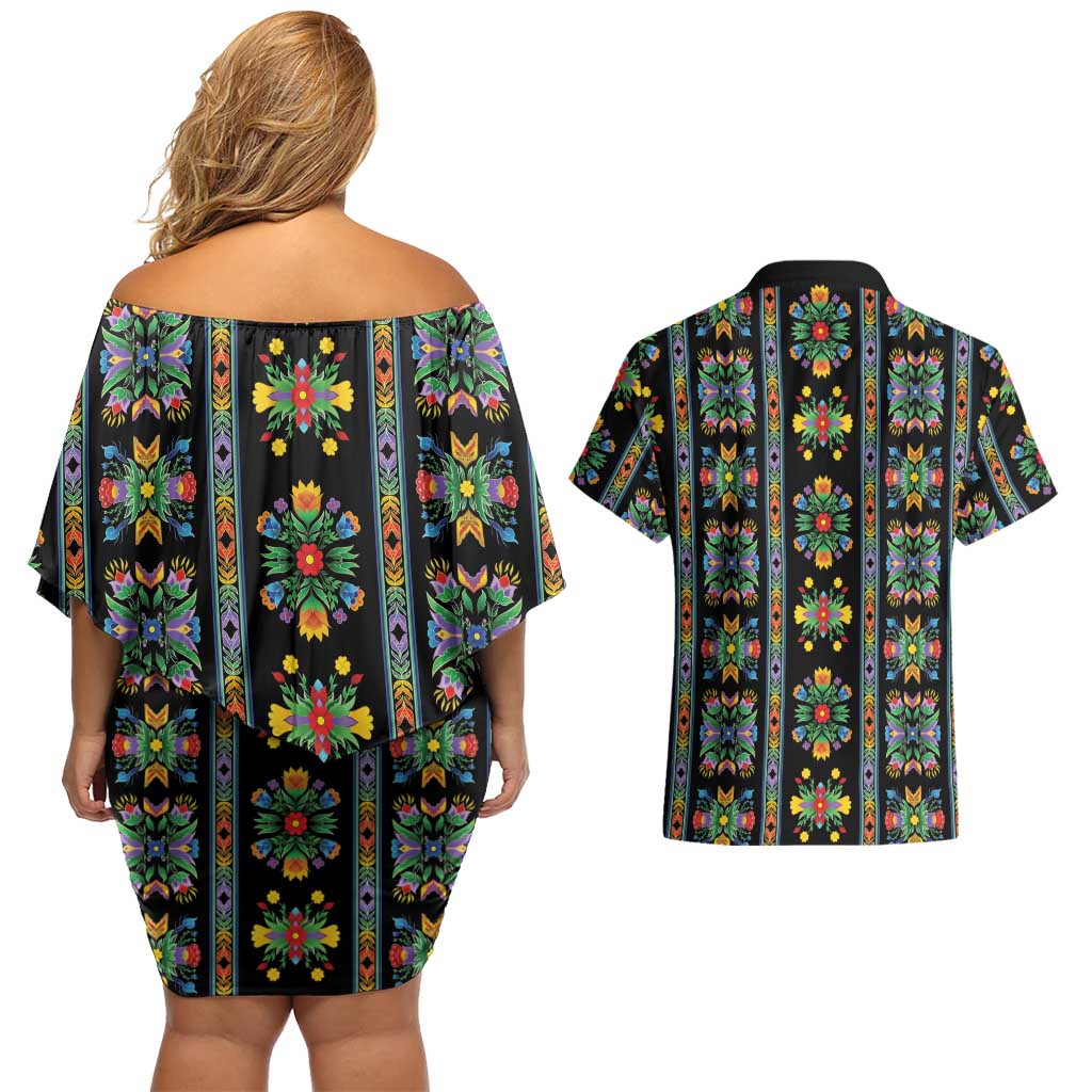 Regalia Stripe Floral Pattern Couples Matching Off Shoulder Short Dress and Hawaiian Shirt Colorful Attractive - Wonder Print Shop