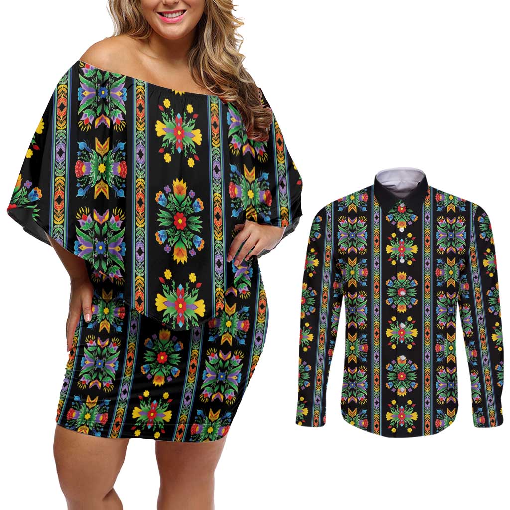 Regalia Stripe Floral Pattern Couples Matching Off Shoulder Short Dress and Long Sleeve Button Shirt Colorful Attractive - Wonder Print Shop