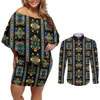 Regalia Stripe Floral Pattern Couples Matching Off Shoulder Short Dress and Long Sleeve Button Shirt Colorful Attractive - Wonder Print Shop